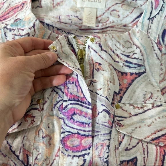 Chico’s Cream Pink Blue Linen Zip-up Jacket 3/4 Length Sleeves - Picture 6 of 10